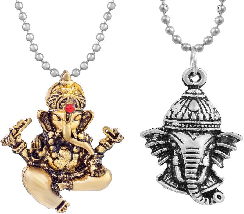 Gold and Silver Plated Brass, Lord Ganesha, Gajanand ji, Vighnaharta with Ganesh Head, Combo Pendant Locket Necklace Jewellery for Men and Women Gold-plated Brass Pendant