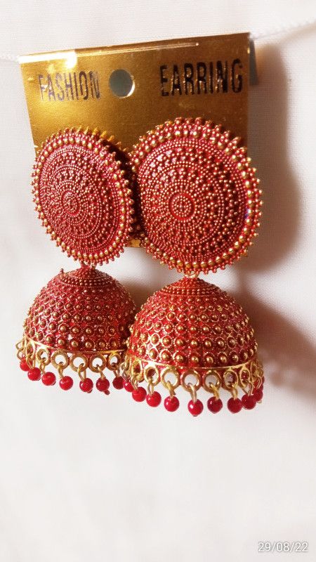 Designer Red Color Fancy Jhumka Earrings for All Occasion Alloy Jhumki Earring