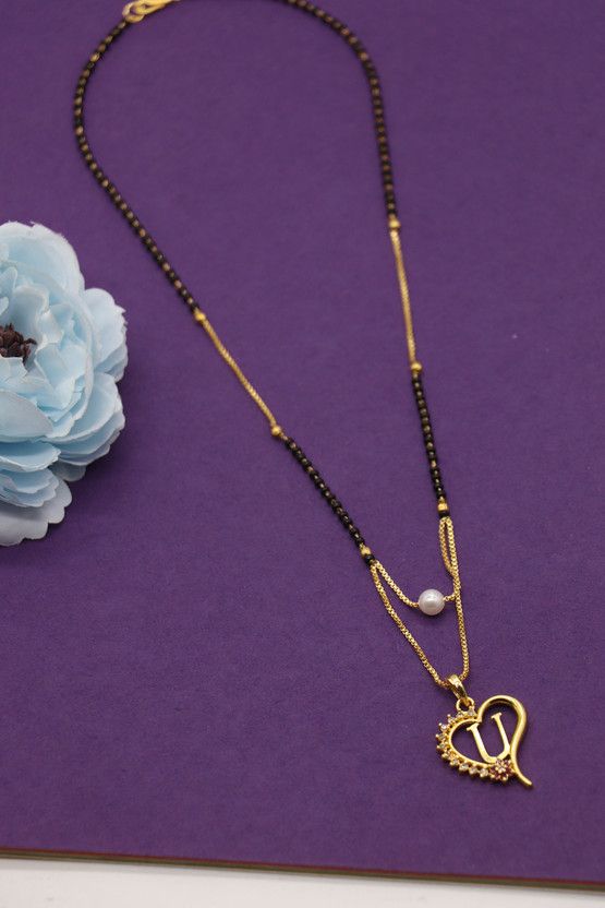 Heart Pearl Letter Name U Ruby Alphabet Alloy Mangalsutra