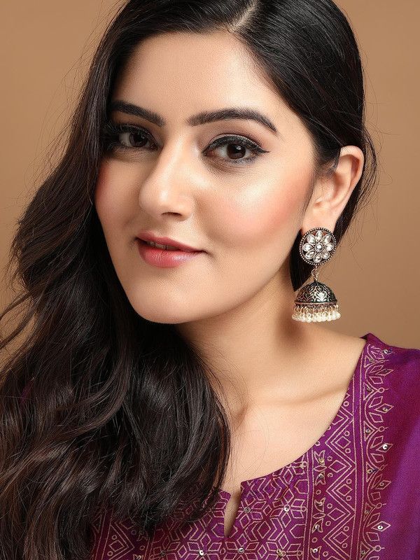 Oxidised Gold Plated Handcrafted Kundan & Green Enamel Painted Jhumka Earrings Alloy Jhumki Earring