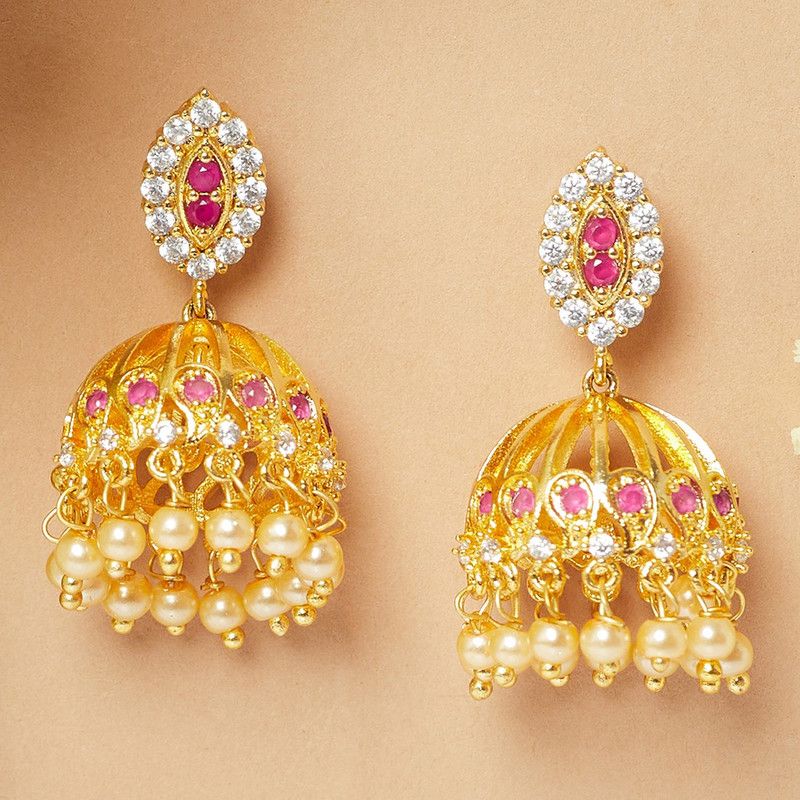 American Diamond CZ Traditional Gold Plated Red Brass Earrings for Women Brass Jhumki Earring