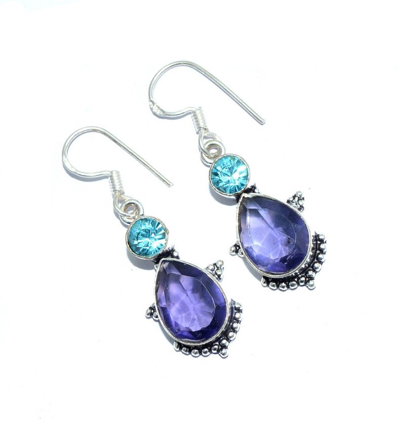 Gemstone Handmade Ethnic Style Silver Plated Jewelry Earring 1.81" Topaz, Onyx Metal Jhumki Earring