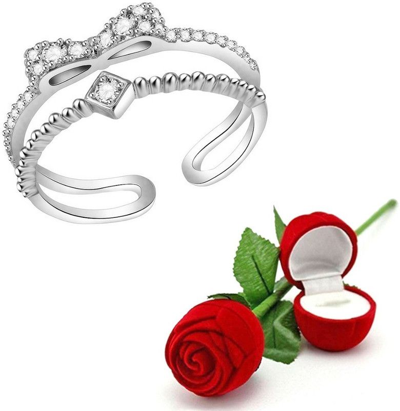 Bow Shaped Daimond studded Ring with Rose for Women and Girls Brass, Alloy Cubic Zirconia Rhodium Plated Ring