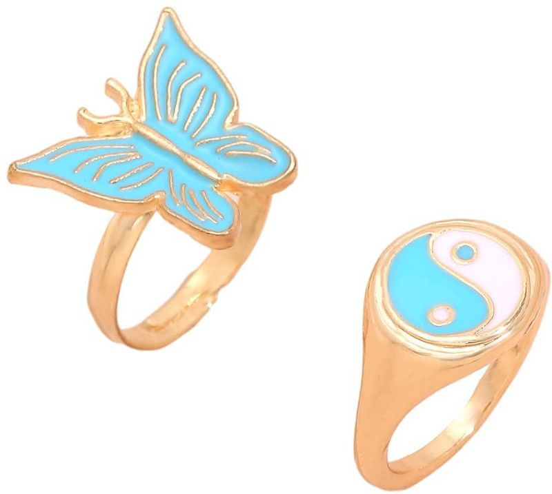 Chunky Yin Yang butterfly nd Drip oil Style Ring For Women Brass Gold Plated Ring Set