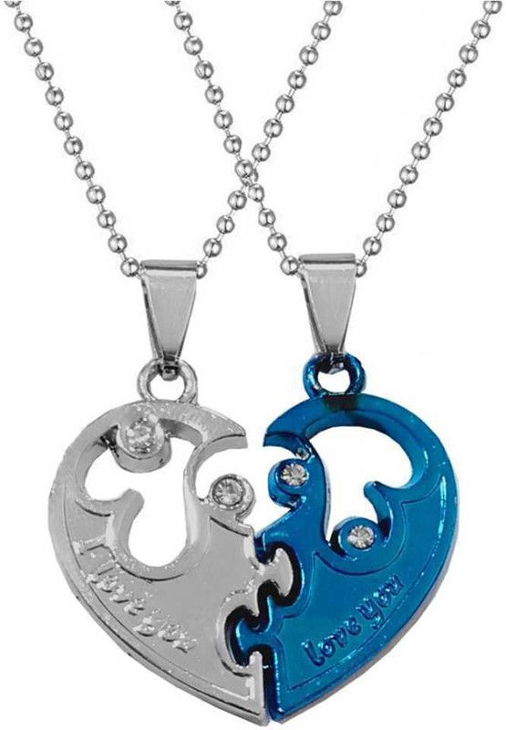 Heart-shape I Love You Couple Locket Cubic Zirconia Zinc, Metal Pendant Set (Blue,Silver) Silver Alloy Locket