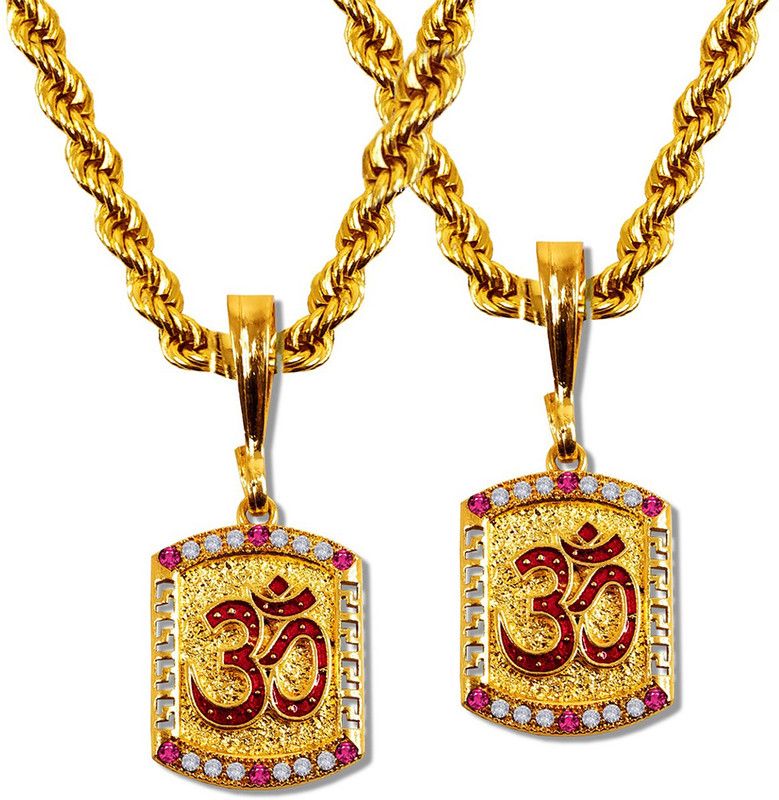 Set Of 2 Lord Shiva Mahadev Shankar Mahakaal Om Chand Rope Chain Pendant Locket Gold-plated Stainless Steel Locket Set