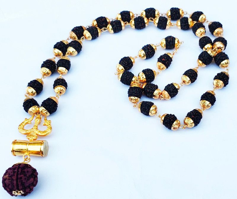 Trendy Look Black Rudraksha Cap Mala with Crazy Trishul Damru Locket Gold plated brass chian set for unisex Gold-plated Plated Brass, Wood Necklace