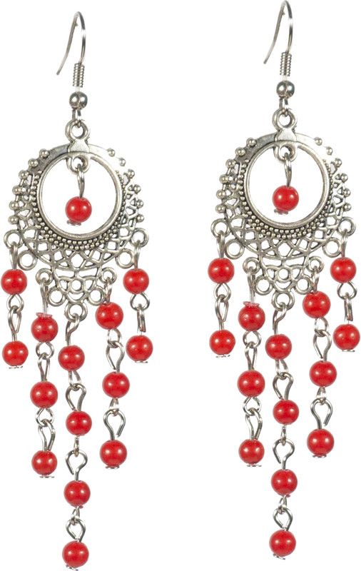 Beautiful Retro Silver Fringed Tassels Red Cinnabar Beads Beads Silver Drops & Danglers