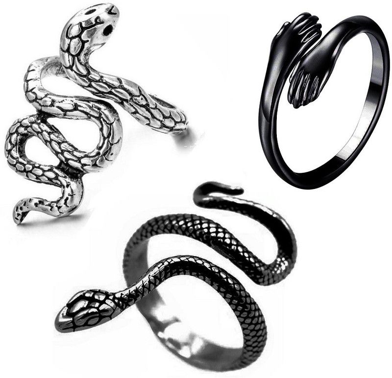 Pack Of 3 CMB7918 Love Couple Hand Hug Me And Shiva Snake/Sarp Thumb Finger Ring Stainless Steel Ring