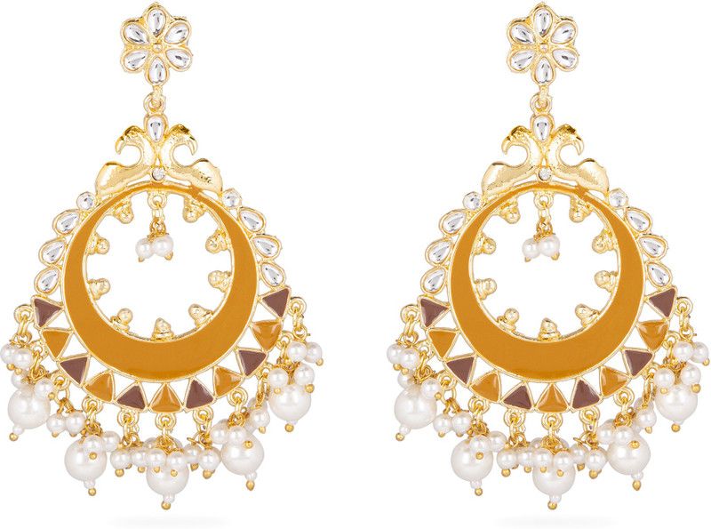 Gold Plated Fancy Chandbali Earrings Yellow Pearl Alloy, Metal Chandbali Earring