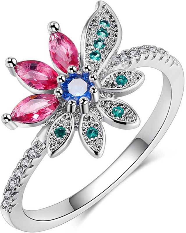 Blossom Of Pink Flowers Seasonal Metal Swarovski Crystal Platinum Plated Ring