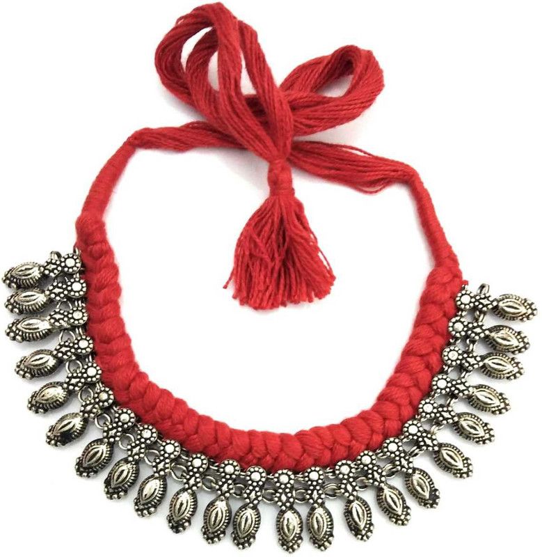 Red Thread Neck Choker Brass Metal necklace Black Silver, Silver Plated Metal Choker