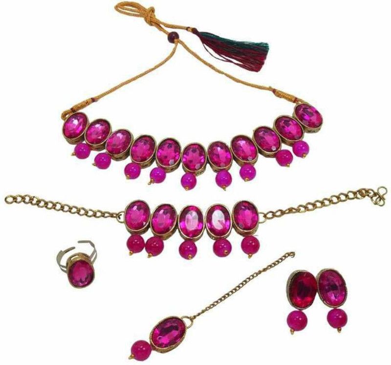 Mother of Pearl Gold-plated Pink Jewel Set  (Pack of 1)