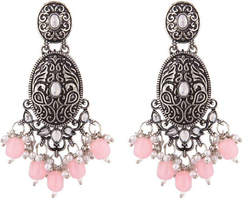 Women's Oxidised Crystal Statement Earrings, Pink Alloy Drops & Danglers