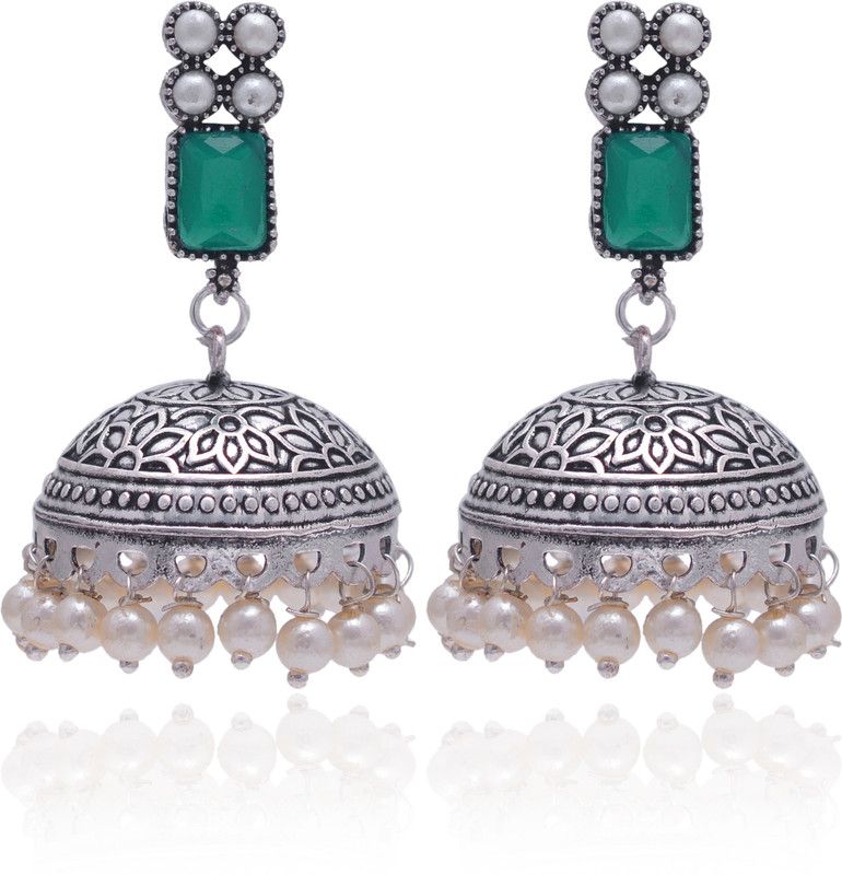 Oxidised Silver Toned Faux Emerald Studded Jhumka Earrings Alloy Jhumki Earring Brass Drops & Danglers, Jhumki Earring