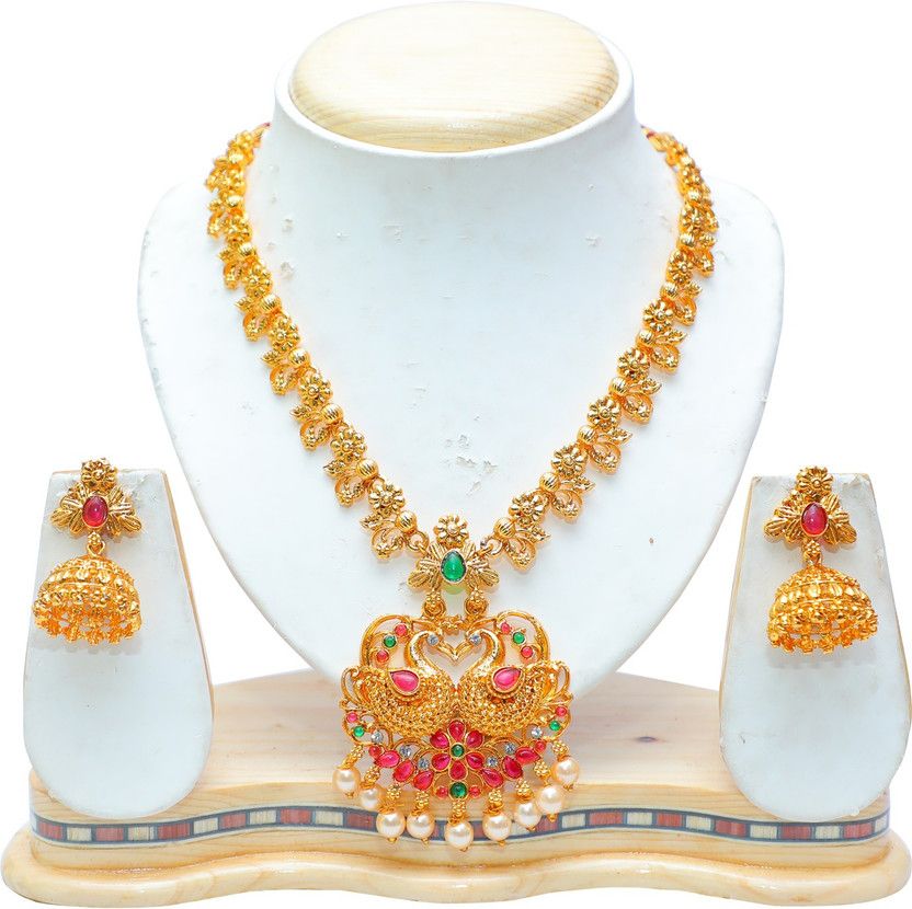 Alloy Gold-plated Gold, Green, Maroon Jewel Set  (Pack of 1)