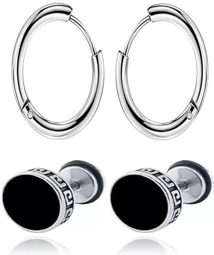 Combo of Silver Big Hoop and Black Stud Silver Alloy Earring Set