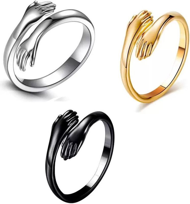Hugging Hands Most Memorable Couple Adjustable Multicolor Combo Stainless Steel Rhodium Plated Ring Set