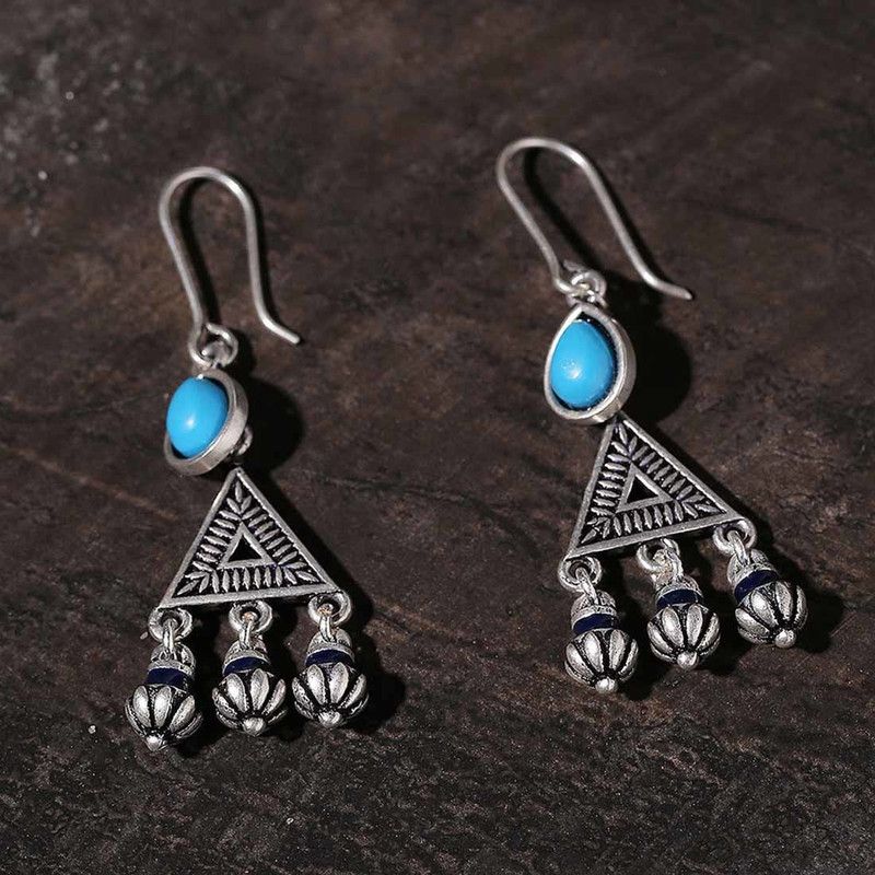 Moksha Triangles Blue Stone Earrings Brass Drops & Danglers