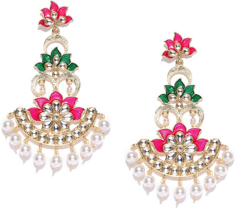 PANASH Gold-Plated & Multicoloured handpainted Floral Drop Earrings Cubic Zirconia Metal Drops & Danglers