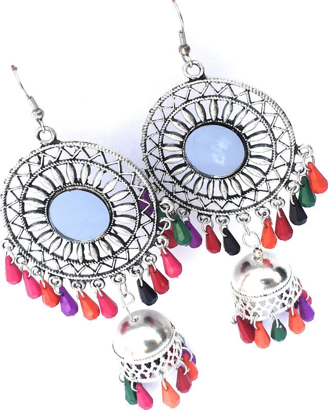 Stylish Fashionable Beautiful Oxidized Multi-color beads with Mirror and jhumki/jhumka Silver earring for wedding Engagement or any Occasion Party Wear Earring for Girls and Women's Beads Metal Chandbali Earring, Jhumki Earring