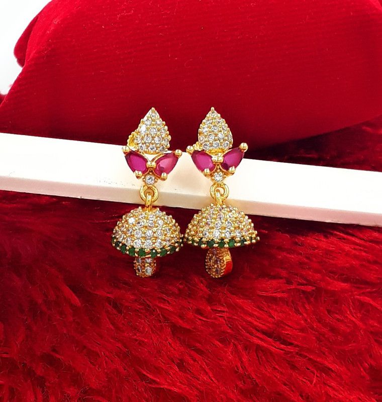 Gold Plated Covering 5 metal Impon AD Stone Jhumka Earrings For Women & Girls Copper Jhumki Earring