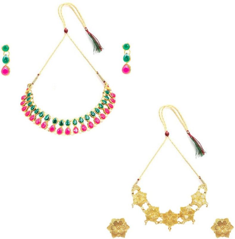 Alloy Silver Gold, Pink Jewel Set  (Pack of 1)