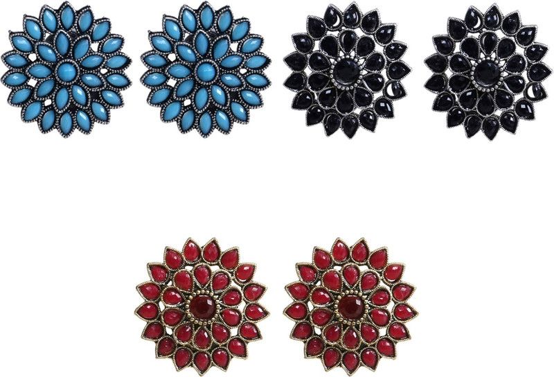 ROUND RED AND BLACK,TURQUOISE PEARL STUDS 3 SET Alloy Stud Earring