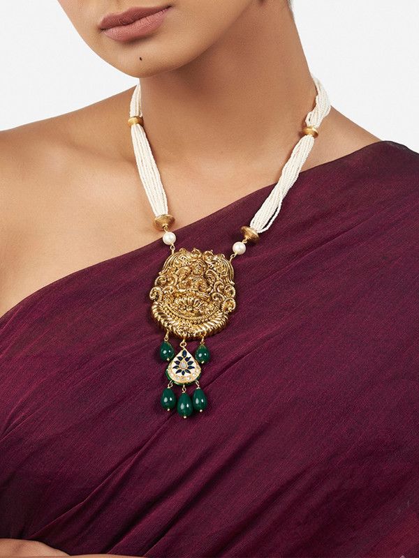 Multi-Color Meenakari Necklace with Shell Pearls and Green Onyx Drops Pearl, Onyx Gold-plated Plated Alloy Necklace