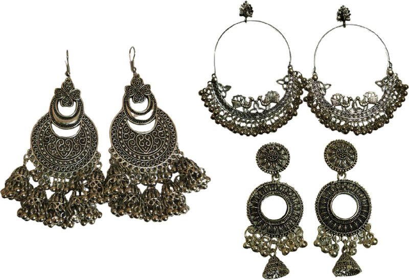 Combo Of Stylish German Silver Coin Dangle, 1 Set Of Trendy Chandballis And 1 Set Of Mirror Jhumki Earrings For Girls And Women Brass Drops & Danglers, Chandbali Earring, Jhumki Earring