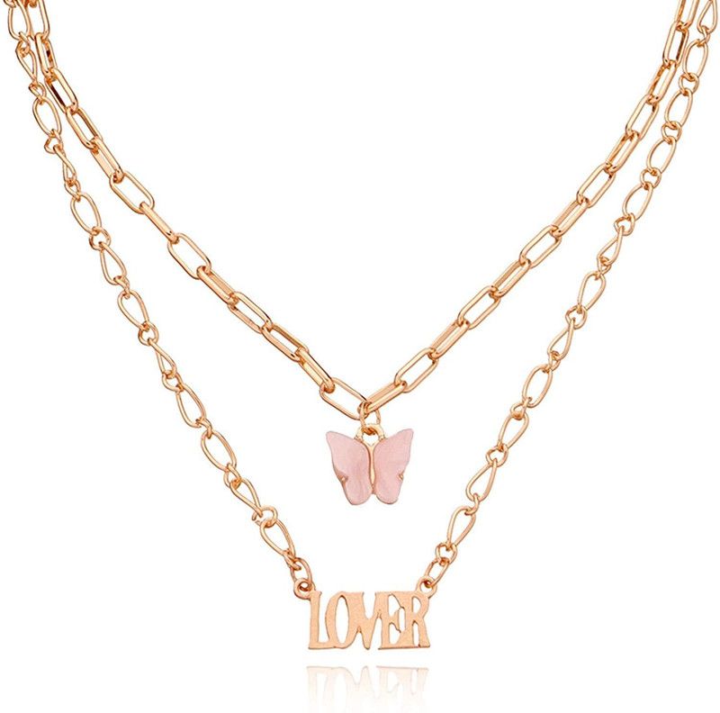 Womens Layered Butterfly Lover Necklace Gold-plated Plated Metal Chain