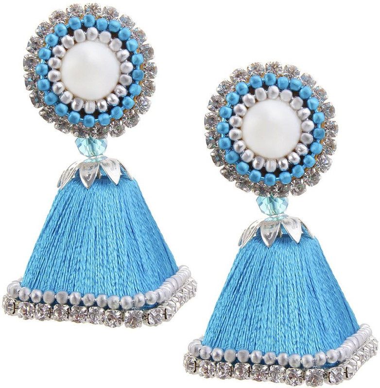 Silk Thread Work Sky Blue Fabric Jhumki Earring