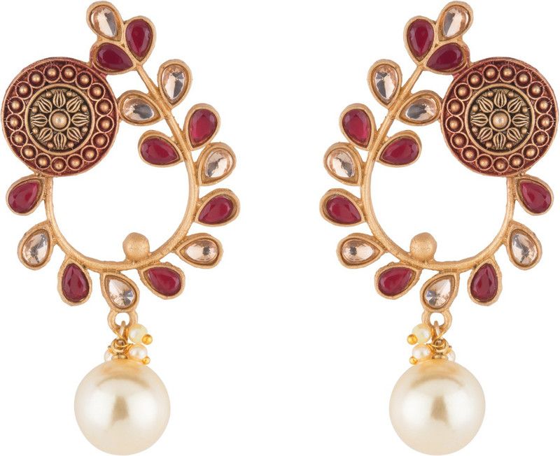 Classic Maroon Drop Gold Plated With studed Floral Earrings Beads Brass Drops & Danglers