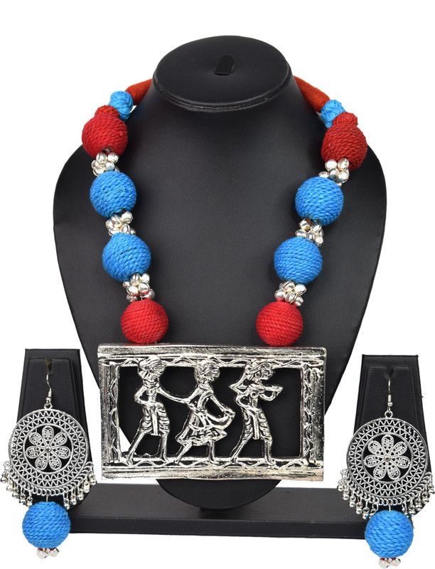 Oxidised Silver, Fabric, Jute Jewel Set  (Red, Blue)