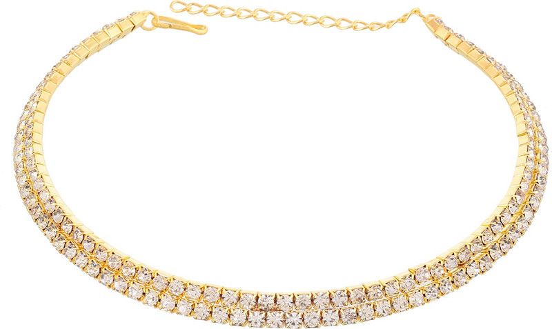 Gold Plated With Two Line Stones Necklace Chain Design for Womens Girls Cubic Zirconia Gold-plated Plated Stainless Steel Necklace
