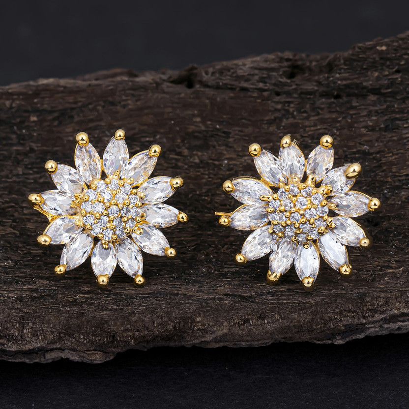 Pretty Nakshtra Floral Gold Plated Stud Earring For Women Cubic Zirconia Alloy Stud Earring