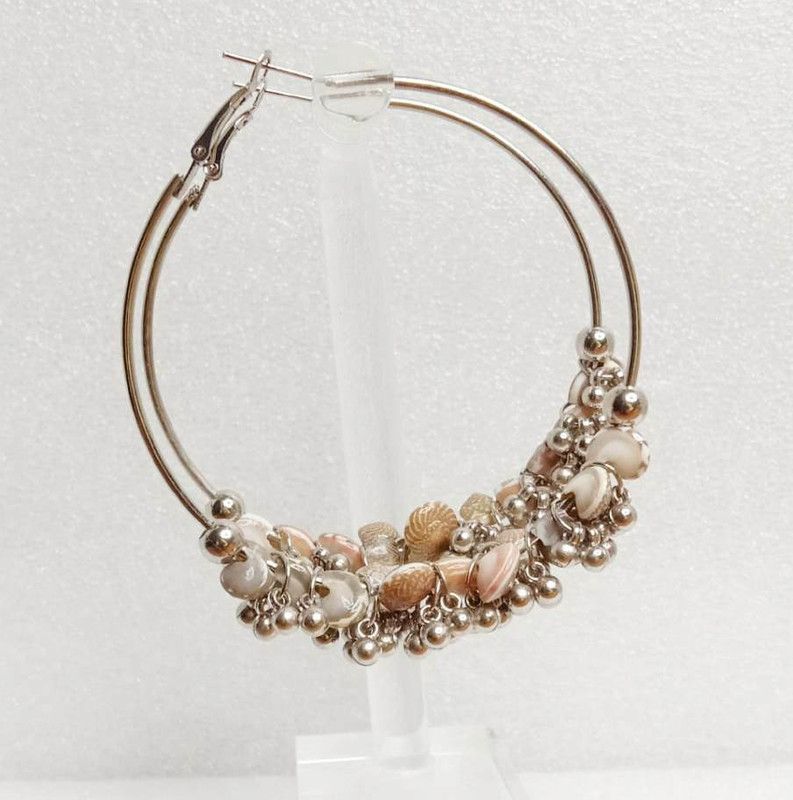 BROWN SEAP & SILVER BEADS HOOP EARRING Alloy Hoop Earring