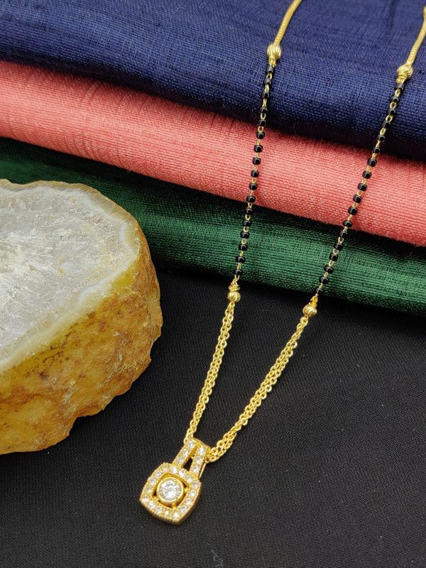 Gold Plated American Diamond Alloy Black Beaded Chain Mangalsutra. Alloy Mangalsutra