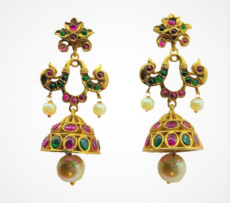 Jhumki Earring with Pearl and Multicolor gemstone Pearl, Emerald, Ruby Copper Jhumki Earring