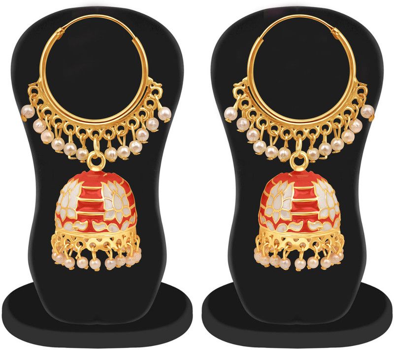 Dangling Latest Red and White colour With pearl drop Ring Jhumka Earrings Pearl Alloy Jhumki Earring