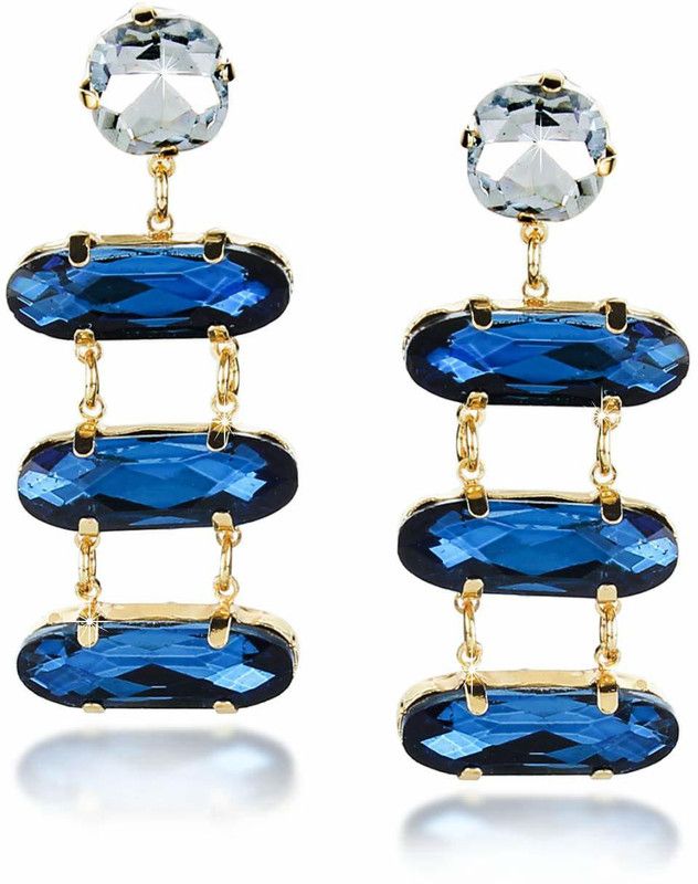 Stylish Blue Crystal Stacks Party Wear Gold Plated Drop Earrings Crystal Metal Drops & Danglers