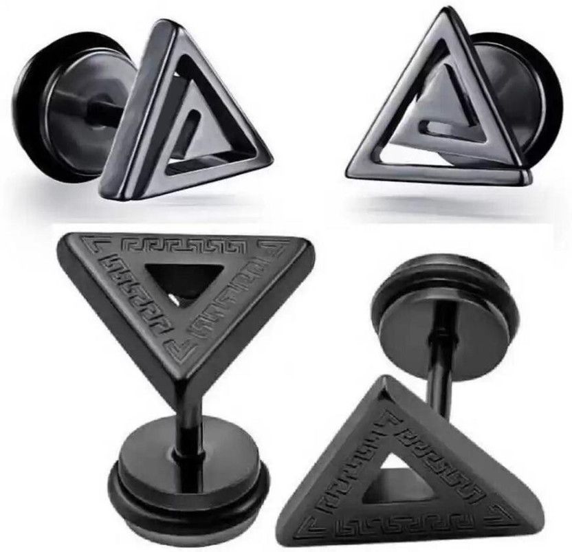 BLACK Piercing Triangle Hoop Bali Stud Earrings Combo (PACK OF 2 PAIR) Metal Stud Earring