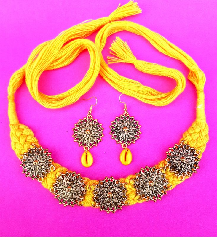 Alloy, Cotton Dori Jewel Set  (Yellow)