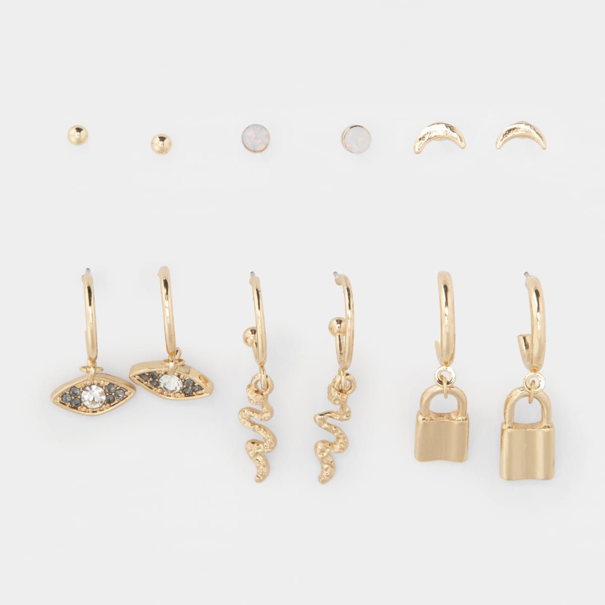 6 Pack Evil Eye and Snake Hoop and Stud Earrings - Gold Look