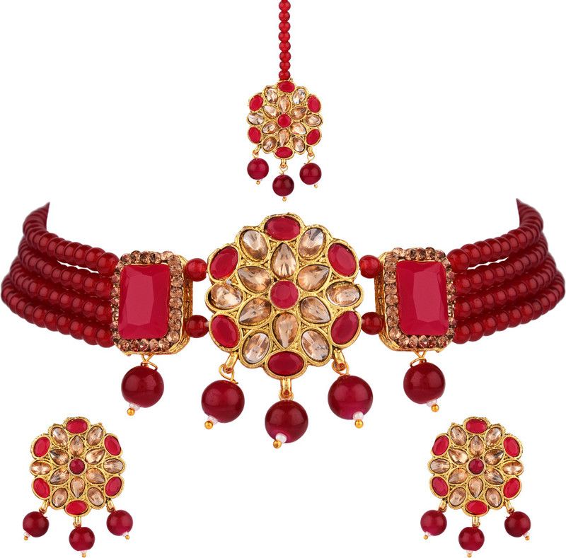 Alloy Gold-plated Maroon, Gold Jewel Set  (Pack of 1)