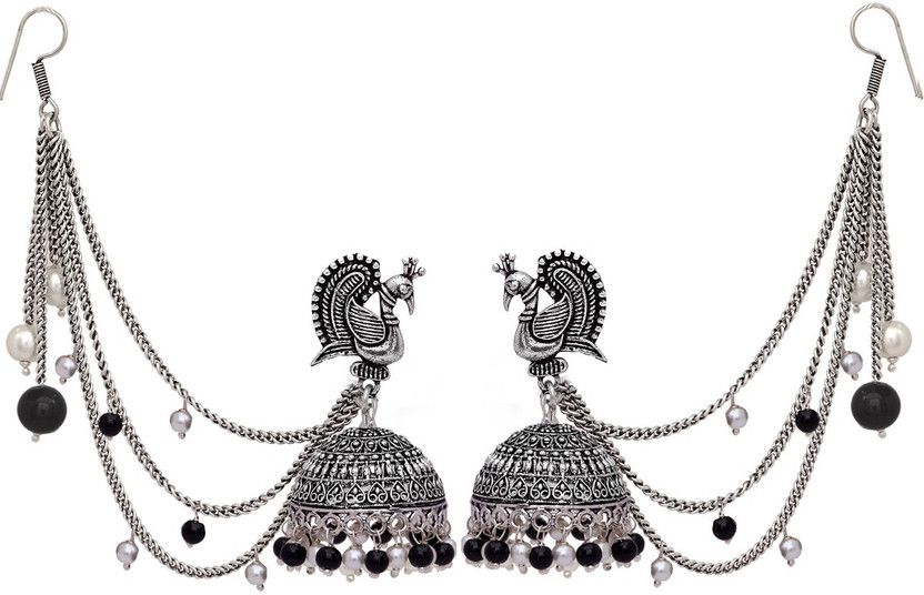 Kashmiri Look Oxidised Silver Tone Jhumka Earrings For Girls And Women Alloy Jhumki Earring