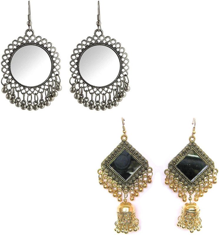 AVR Jewels Pack of 2 Stylish Square Mirror and Designer Mirror Jhumki Earringss Brass Earring Set