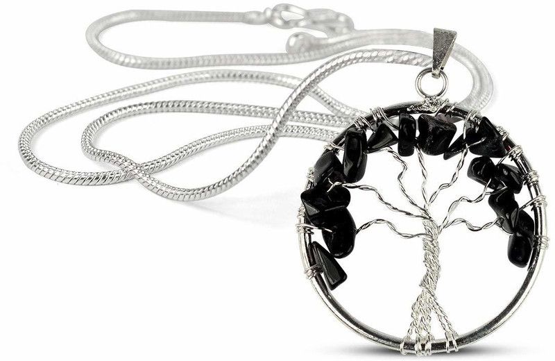 Natural Black Onyx Pendant Tree with Metal Chain Copper Pendant Set