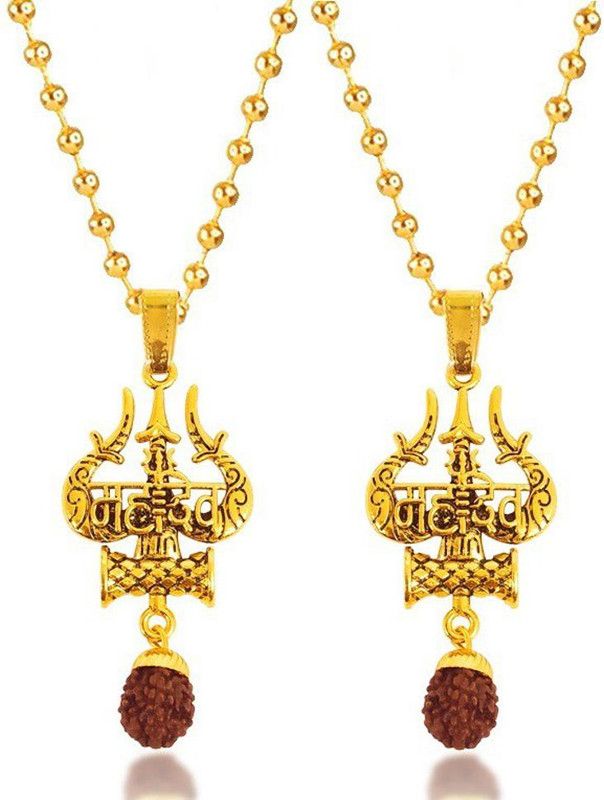 Set Of 2 Golden Rudraksha God Trishul Damru Shiva Mahadev Mahakal Locket Pendant Stainless Steel Pendant