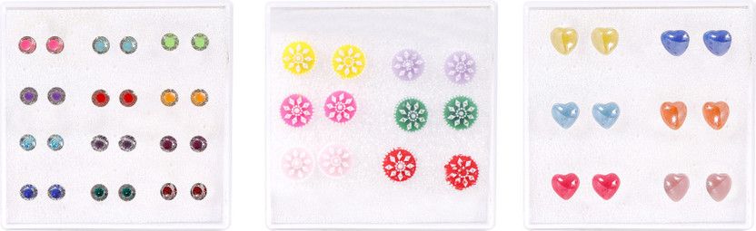 Multicolor small Crystal & Heart Shape & Multi Color Round Shape Stud Earrings With Plastic Back for Girls and Women (Combo of 24 Pairs) Plastic Stud Earring